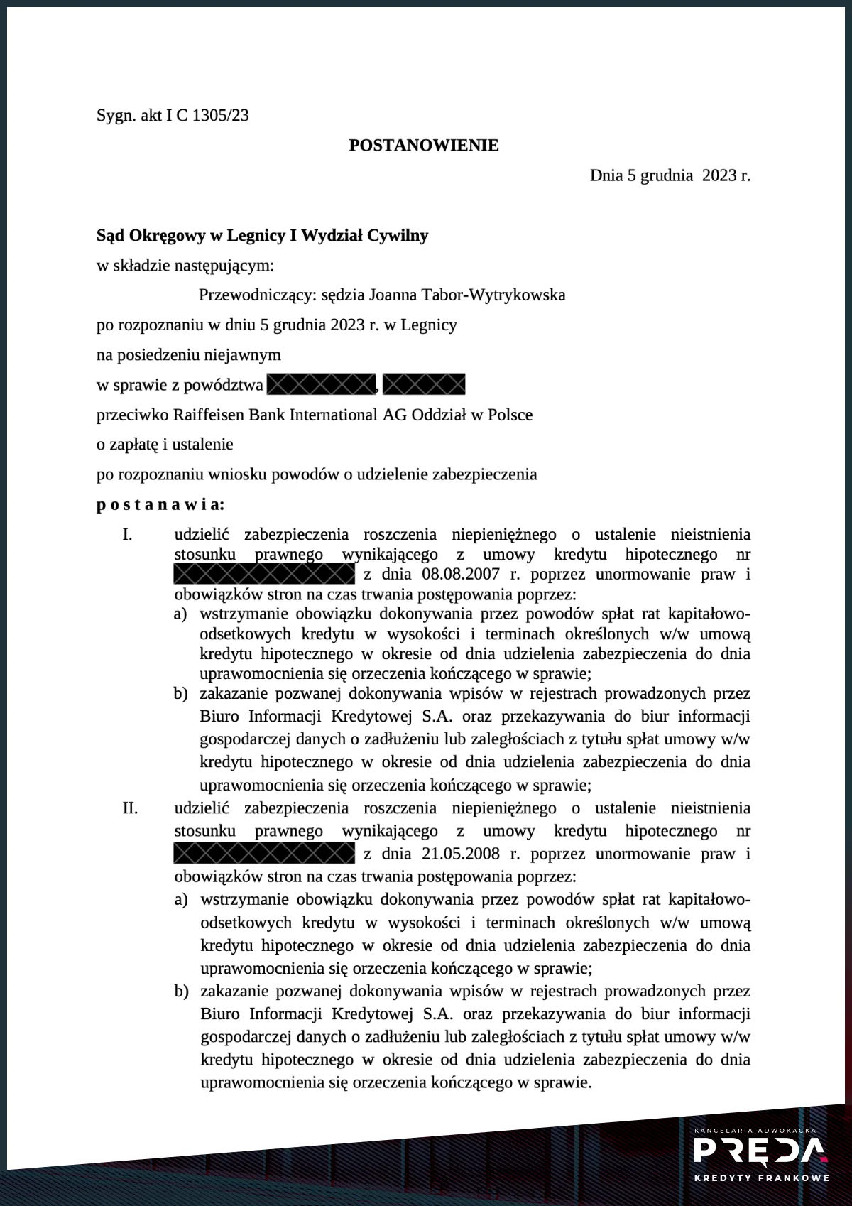 Zawieszenie rat kredytu frankowego w sprawie I C 1305/23- Polbank
